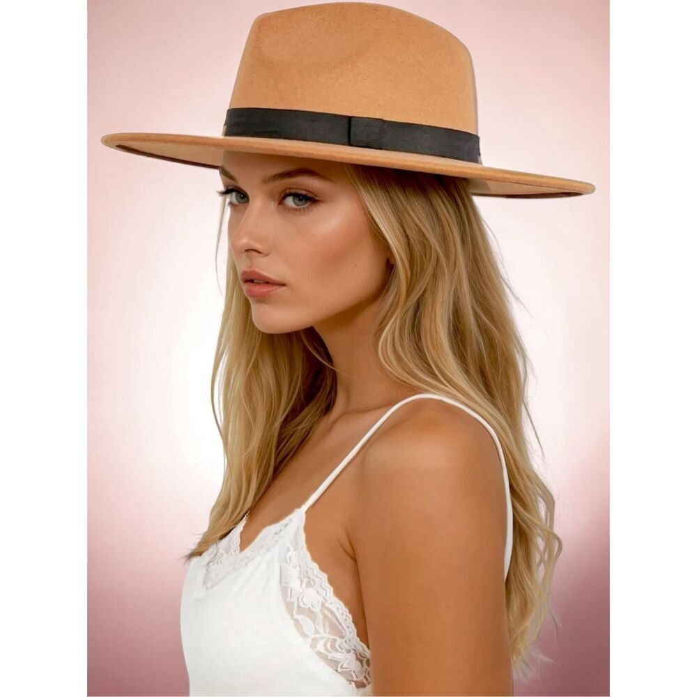FAME Camel Wide Brim Fedora Hat | Tan Boho Rancher Western Black Ribbon NEW - Picture 4 of 14